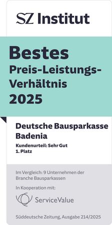 Auszeichnung für Badenia Bausparkasse: Bestes Preis-Leistungs-Verhältnis 2025 Die Deutsche Bausparkasse Badenia wurde von der Süddeutschen Zeitung und dem Analyseinstitut ServiceValue mit dem Siegel „Bestes Preis-Leistungs-Verhältnis 2025“ ausgezeichnet. Im Vergleich mit neun anderen Bausparkassen erhielt Badenia das Kundenurteil „Sehr Gut“ und belegte den ersten Platz. Die Bewertung basiert auf einer unabhängigen Untersuchung zur Kundenzufriedenheit.